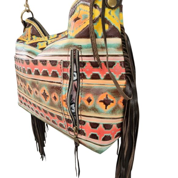 L3 Designs Cowhide Fringed Western Crossbody Bag Brown Yellow One Of A Kind - Picture 8 of 12